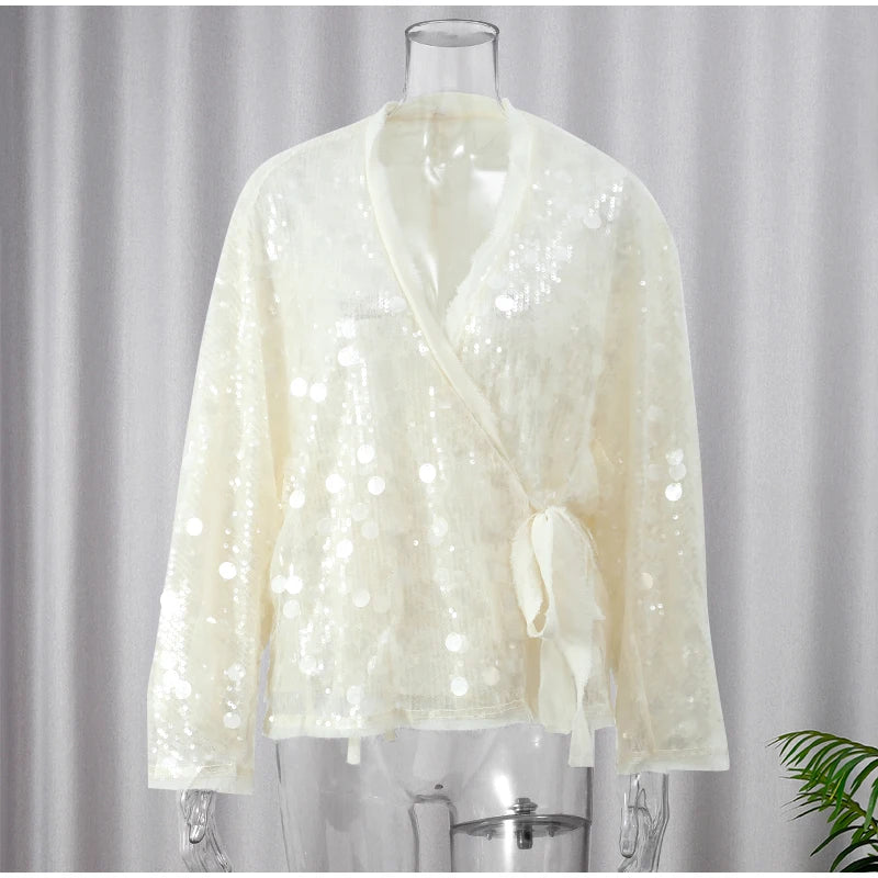 Fashion Sparkling Beaded Short Loose Jacket Elegant V Neck Long Sleeve Lace Up Cardigans 2025 Spring Female Elegant Streetwear