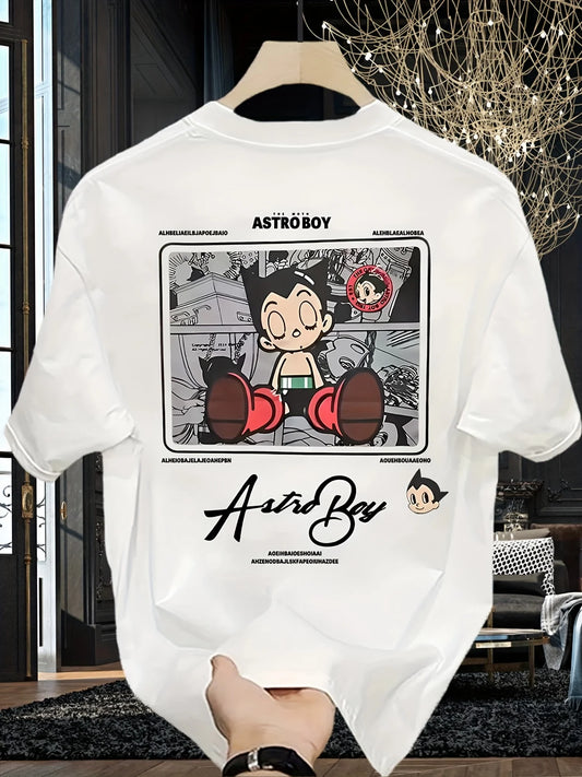 [Cotton Men's Tee] 100% Cotton Men's Casual Short Sleeve T-Shirt | Retro Cartoon Boxing Graphic Print, White Round Nec