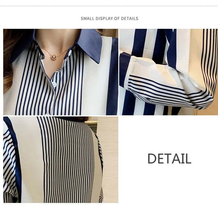 Women's Shirt Blue Striped Blouses for Women Long Sleeve Top Women Button Up Polo Neck Clothes Female 2023 Fashion Leisure Shirt