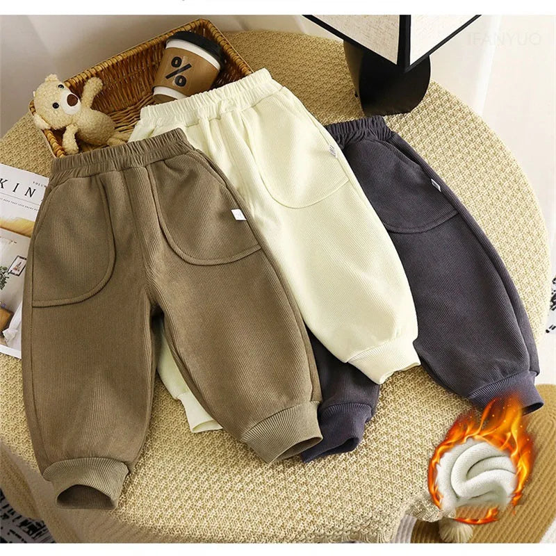 Children Velvet Pants Autumn Winter New Solid Color Boys Kids Thick Warm Sports Trousers Simple Fashion Korean Girls Baby Pants