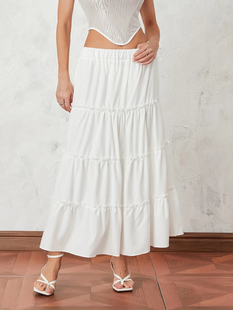 Women s Long Skirts Floral Print Solid Color Elastic Waist Skirts Spring Summer Big Swing Loose Casual Skirts