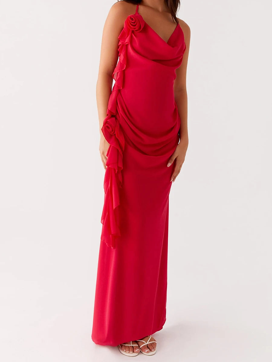 Elegant Lace Off-Shoulder Maxi Dress with Flounce Hem and Open Back Detail for Wedding Evening Prom Party Beach Cocktail