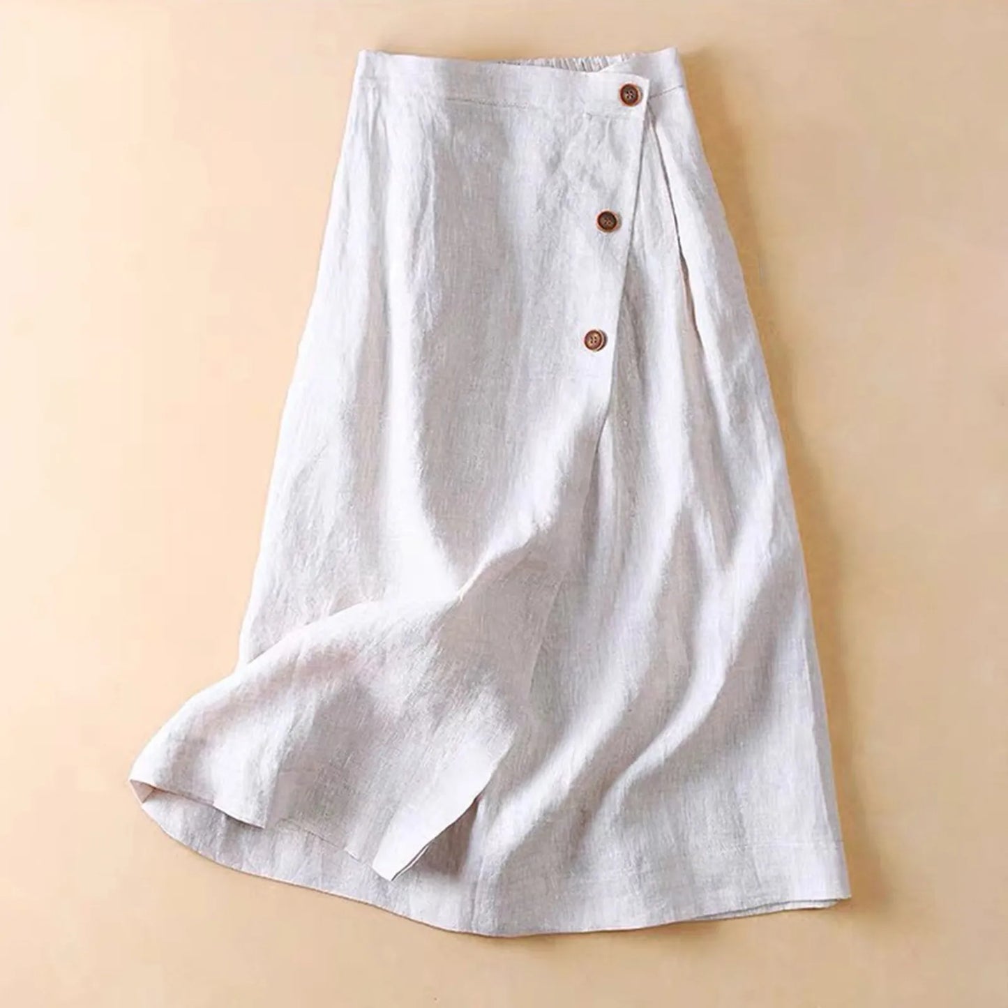 Elastic Waist Cotton Linen Side Slit Skirt Bell Bottoms Simple Pocket Linen Dress Half Body Dress