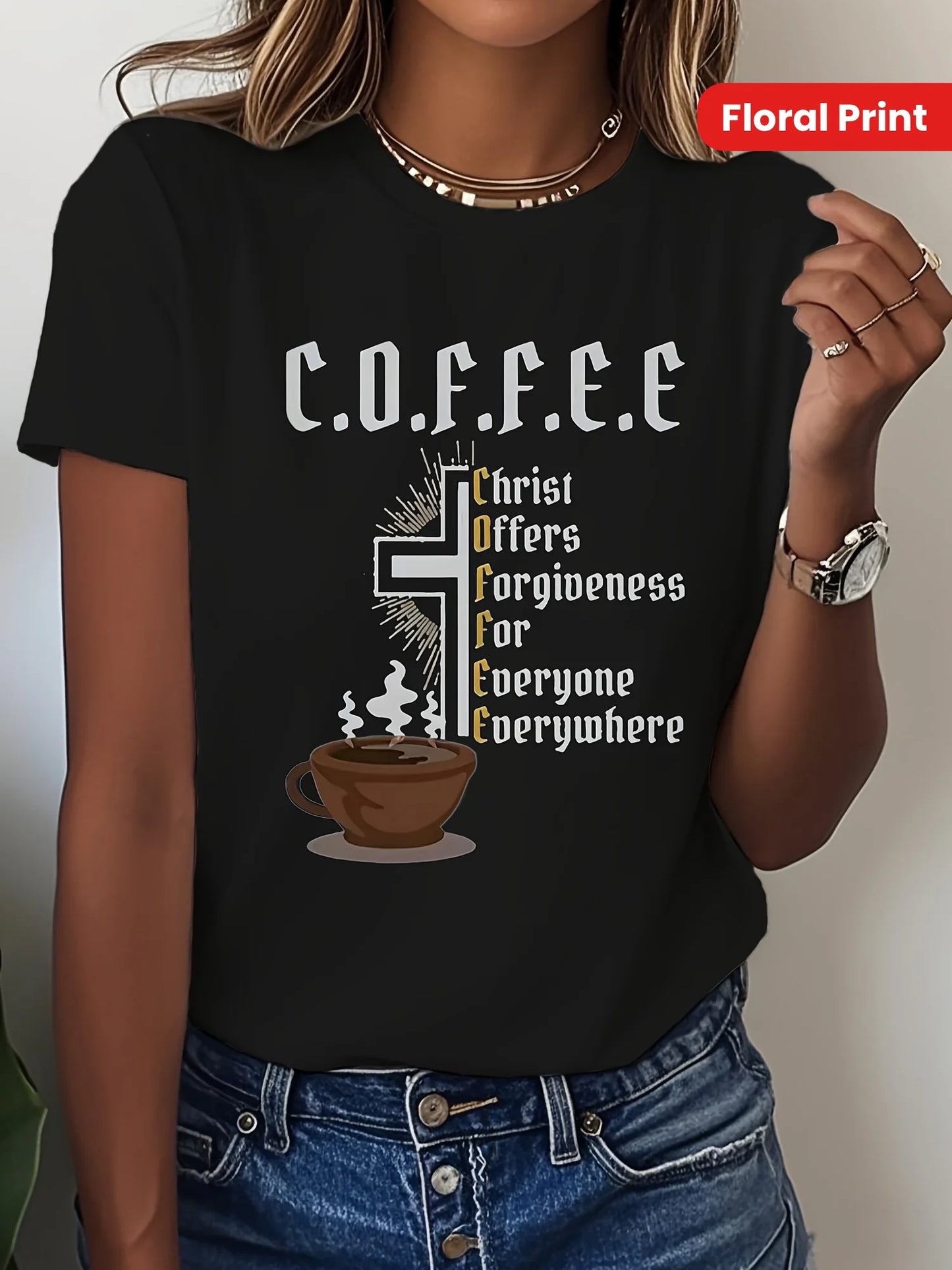 Women's C.O.F.F.E.E Christian Forgiveness Graphic T-Shirt - Vibrant Red Casual Short Sleeve Round Neck Summer