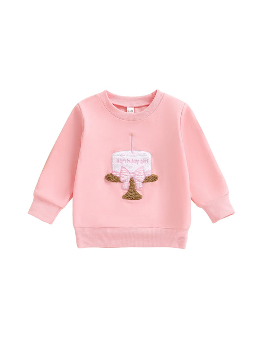 Adorable Infant Girls Birthday Hoodie Stylish Long Sleeve Cupcake Embroidered Round Neck Pullover Sweater Top