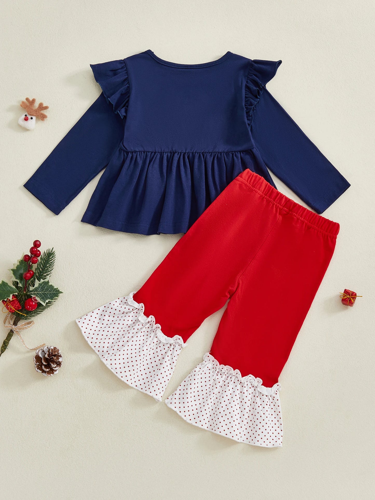 Girls Christmas Outfits Red Plaid Ruffle Sleeve Top and Leggings Set with Reindeer Embroidery 2 Piece Holiday Clothes