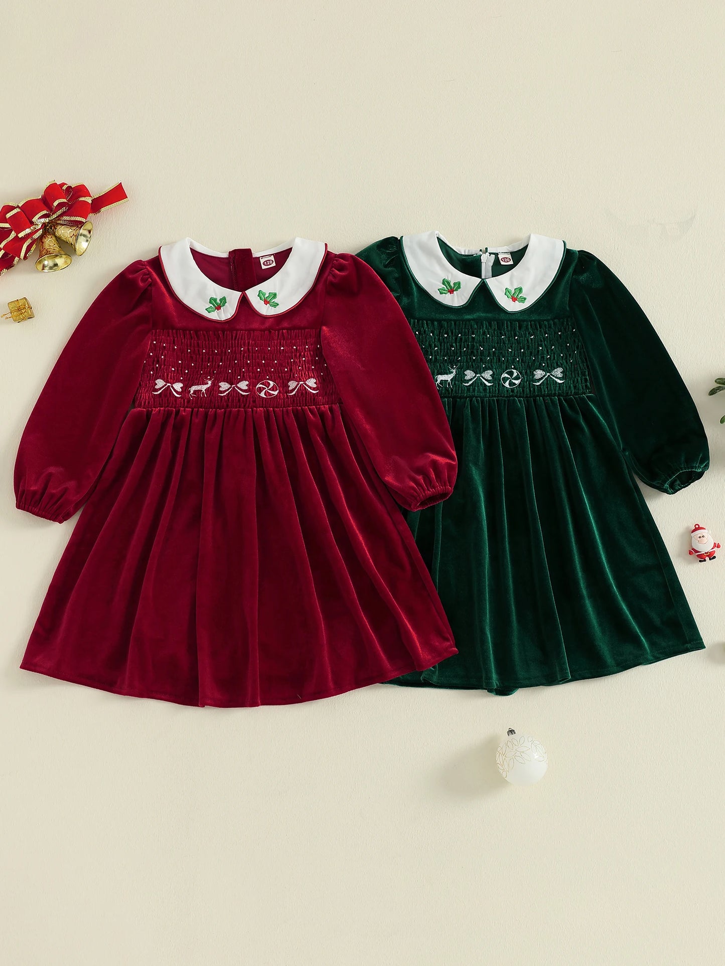 Toddler Red Plaid Christmas Dress with Bow and Reindeer Embroidery Smocked Long Sleeve Doll Collar Winter Outfit Adorable