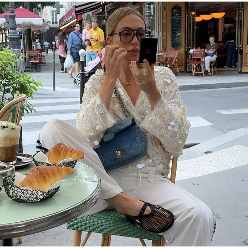 Fashion Sparkling Beaded Short Loose Jacket Elegant V Neck Long Sleeve Lace Up Cardigans 2025 Spring Female Elegant Streetwear