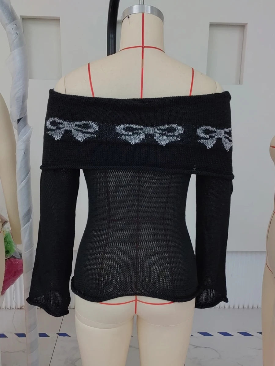 Elegant Women s Boat Neck Sweater with Off Shoulder Design Long Sleeves and  Fit Knitted Top for Casual Wear