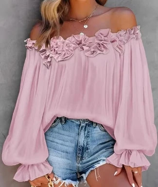 Elegant Women's Shirt 2024 Summer White Ruffle Hem Buttoned Off Shoulder Spaghetti Strap Long Sleeve Slim Fit Blouse Top
