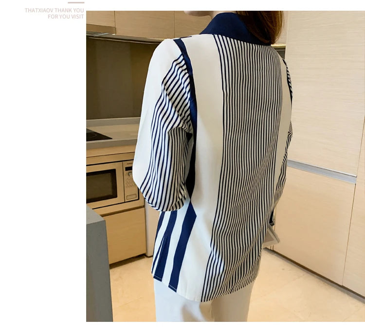 Women's Shirt Blue Striped Blouses for Women Long Sleeve Top Women Button Up Polo Neck Clothes Female 2023 Fashion Leisure Shirt