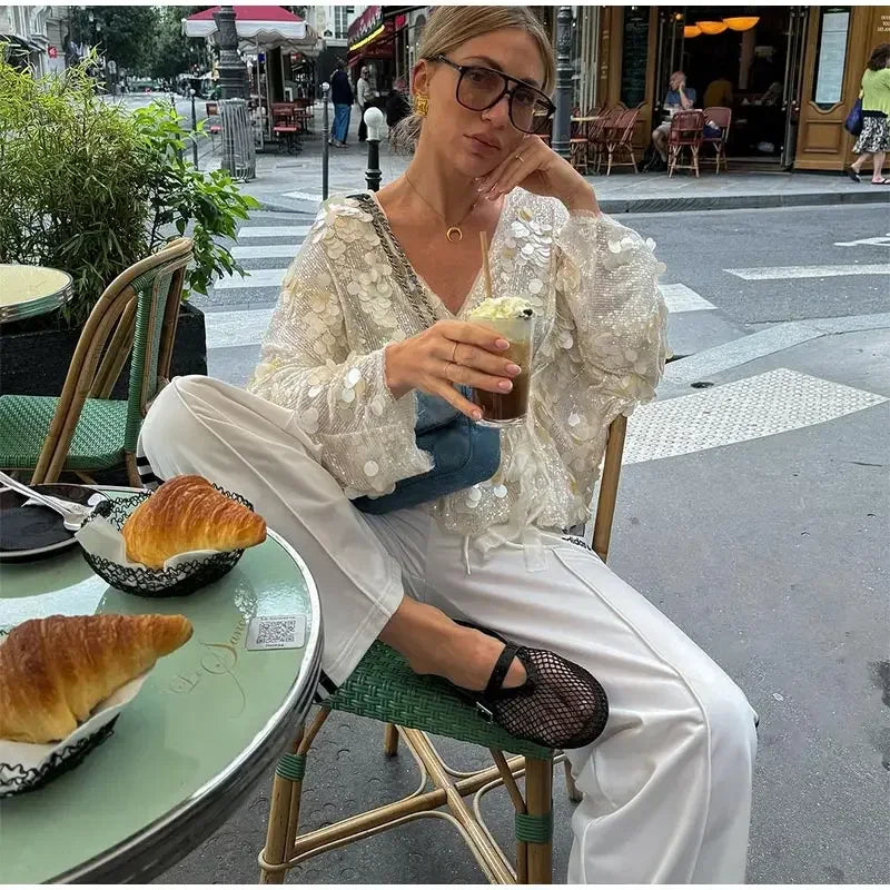 Fashion Sparkling Beaded Short Loose Jacket Elegant V Neck Long Sleeve Lace Up Cardigans 2025 Spring Female Elegant Streetwear