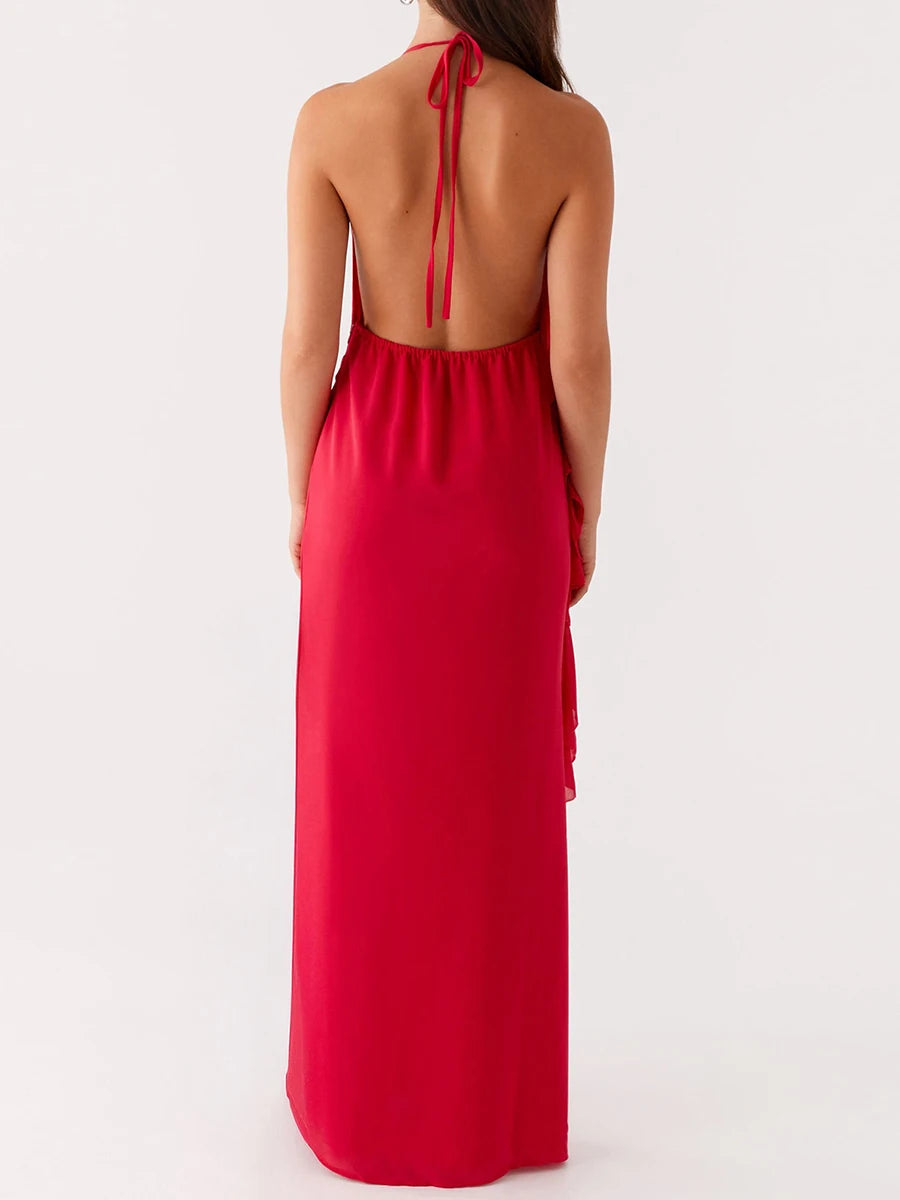 Elegant Lace Off-Shoulder Maxi Dress with Flounce Hem and Open Back Detail for Wedding Evening Prom Party Beach Cocktail