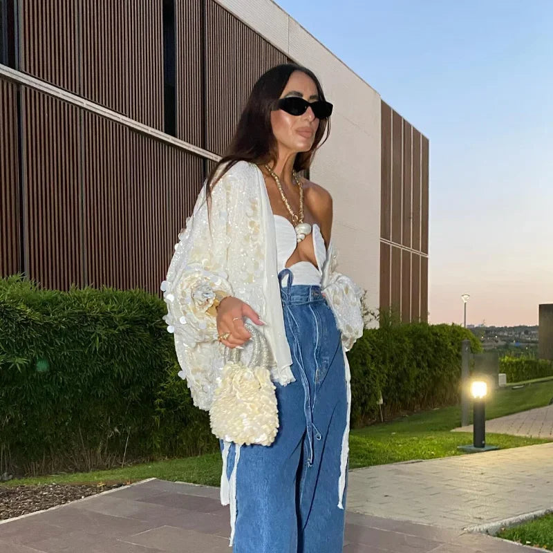 Fashion Sparkling Beaded Short Loose Jacket Elegant V Neck Long Sleeve Lace Up Cardigans 2025 Spring Female Elegant Streetwear