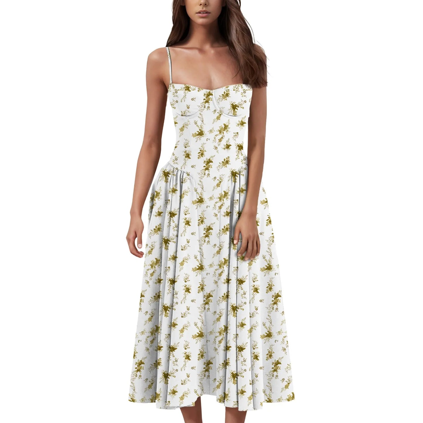 Women's Fashionable Solid Color Floral Retro Court  Dopamine Suspender Pocket Dress
