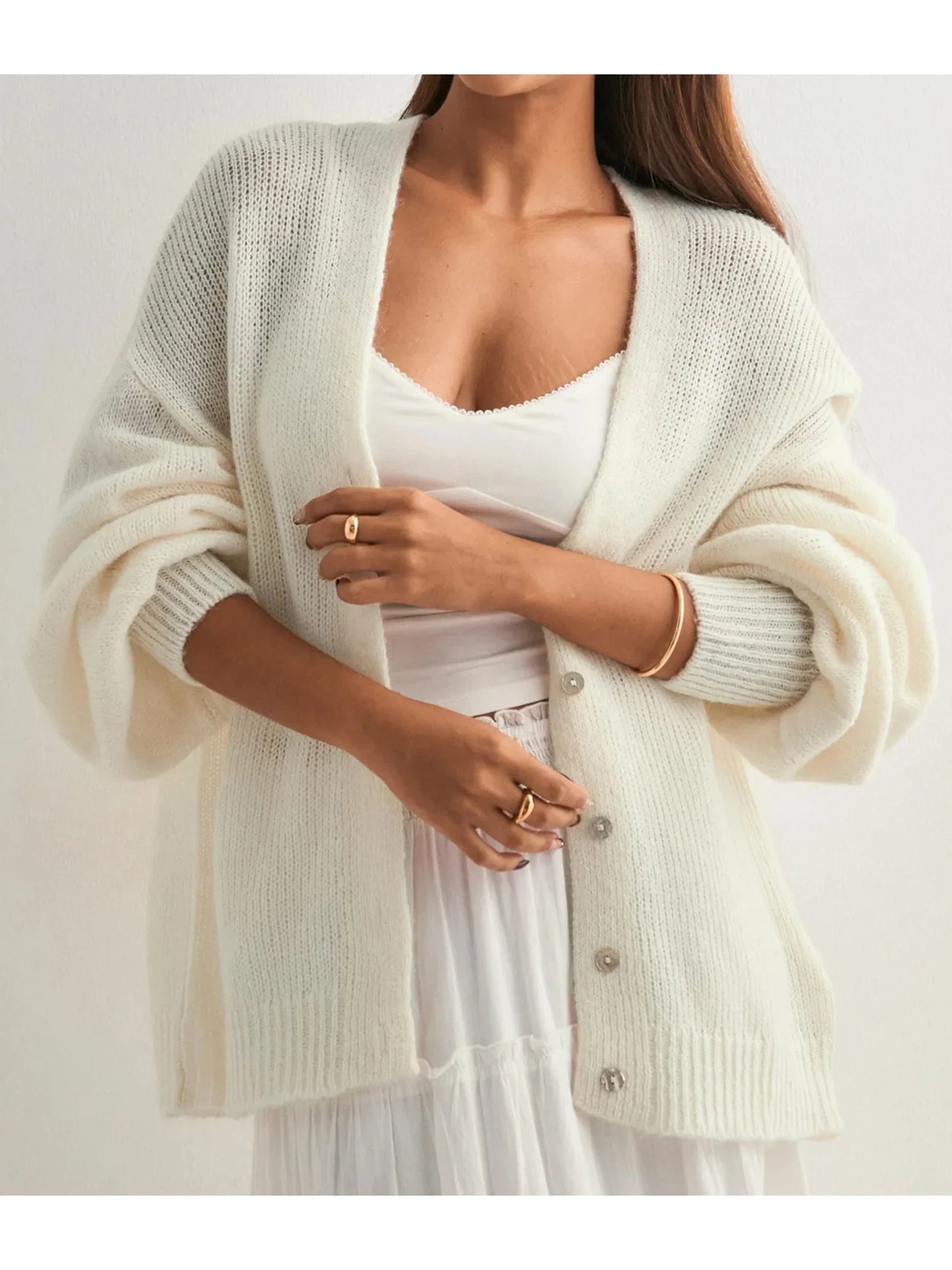 Stylish Women s Long Sleeve V Neck Button Down Knit Cardigan in Solid Color Loose Fit Sweater for Fashionable Look