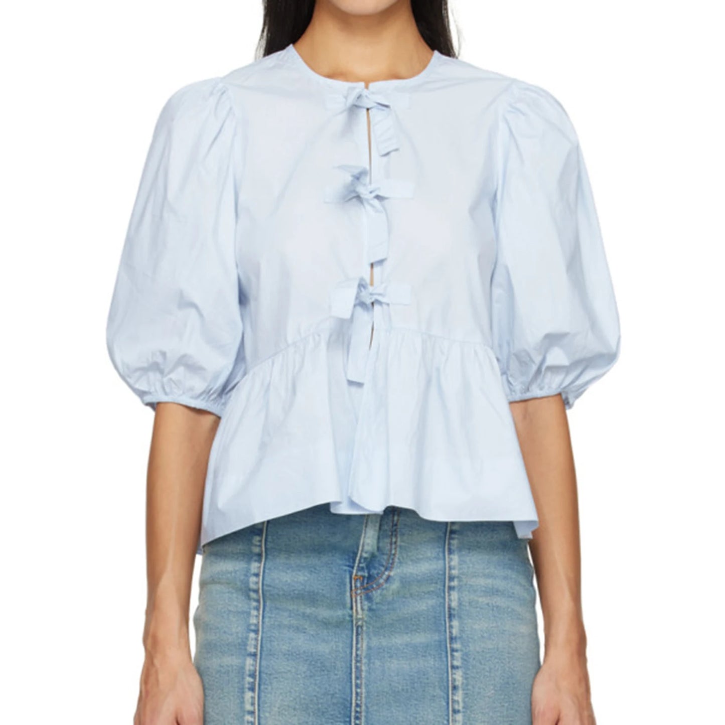 Fashion Women Y2k Peplum Shirt Puff Short Sleeve Lace Up Bow Blouse Tie Open Front Ruffle Hem Blouses Tops Streetwear