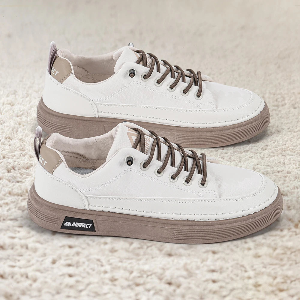 Beige Men's Punk Skate Shoes w/Leather/Canvas, Breathable Thick Platform for Streetwear & Casual Wear