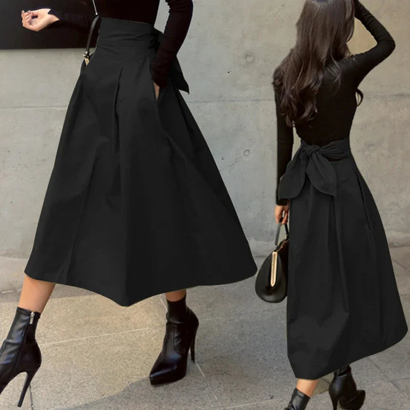Skirts Womens Korean Fashion Solid Color Big Swing Ladies Skirt Long Skirt 2025 Autumn Wild High Waist Bow Slim Skirts