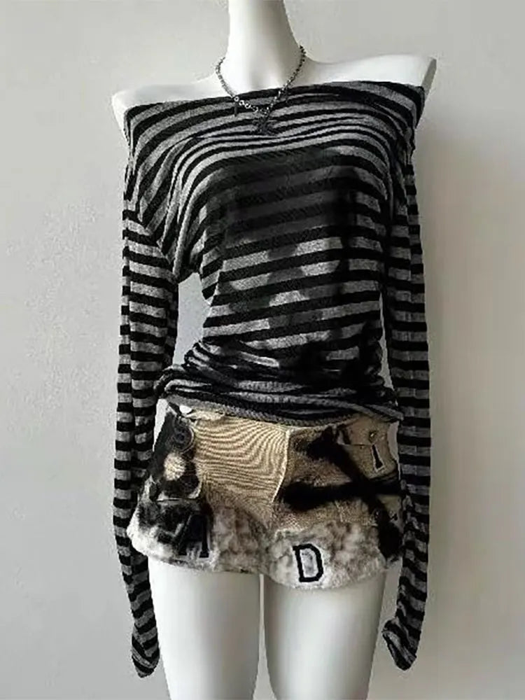 Gothic Vintage Skull Stripe T-shirt Women Off shoulder Top Designer Knitted Basic Long sleeve Tees 2000s Y2k Clothes Fashion New