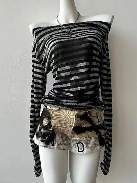 Gothic Vintage Skull Stripe T-shirt Women Off shoulder Top Designer Knitted Basic Long sleeve Tees 2000s Y2k Clothes Fashion New