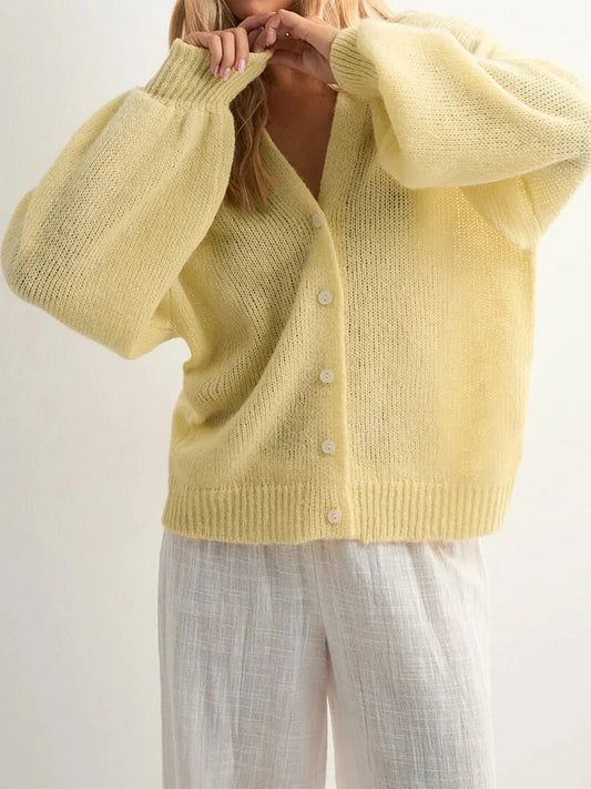 Stylish Women s Long Sleeve V Neck Button Down Knit Cardigan in Solid Color Loose Fit Sweater for Fashionable Look