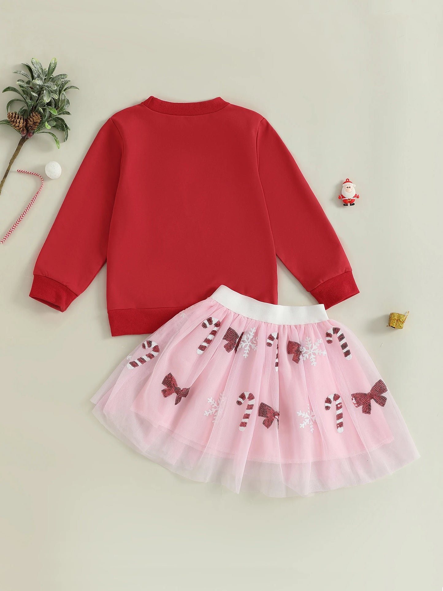 Adorable Infant Girl Outfit Long Sleeve Candy Cane Embroidery Sweatshirt with Tutu Skirt Set - Perfect for Christmas