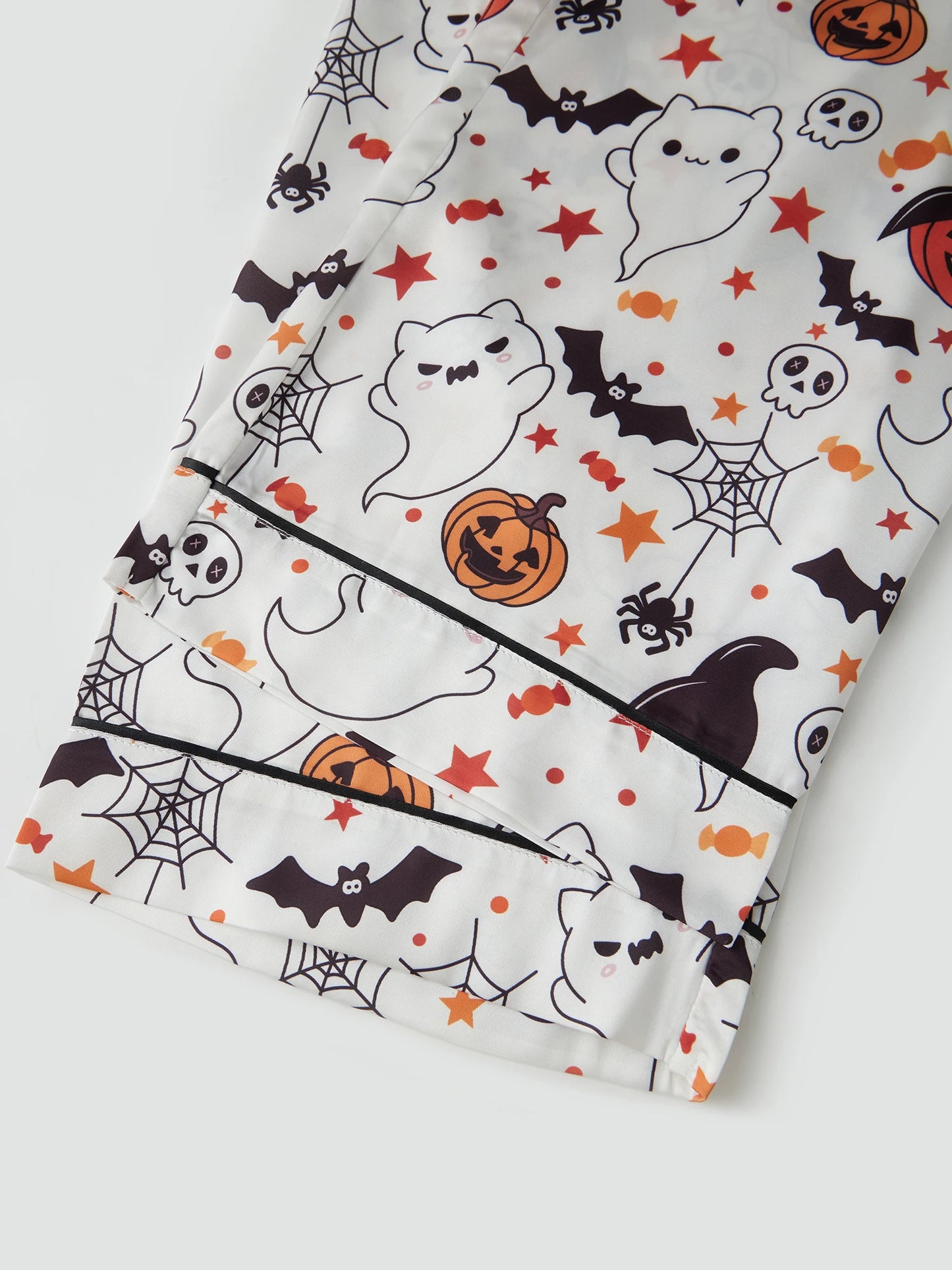 Women s Silk Pajama Sets with Spooky Halloween Prints Lapel V Neck Short Sleeve Tops and Pants Cozy Sleepwear for Fall
