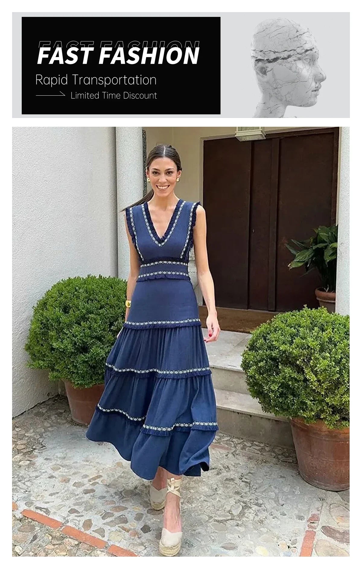 Summer New Product: Casual Women's Fashion V-neck Sleeveless Waist Collection with Tassel Decoration Dress