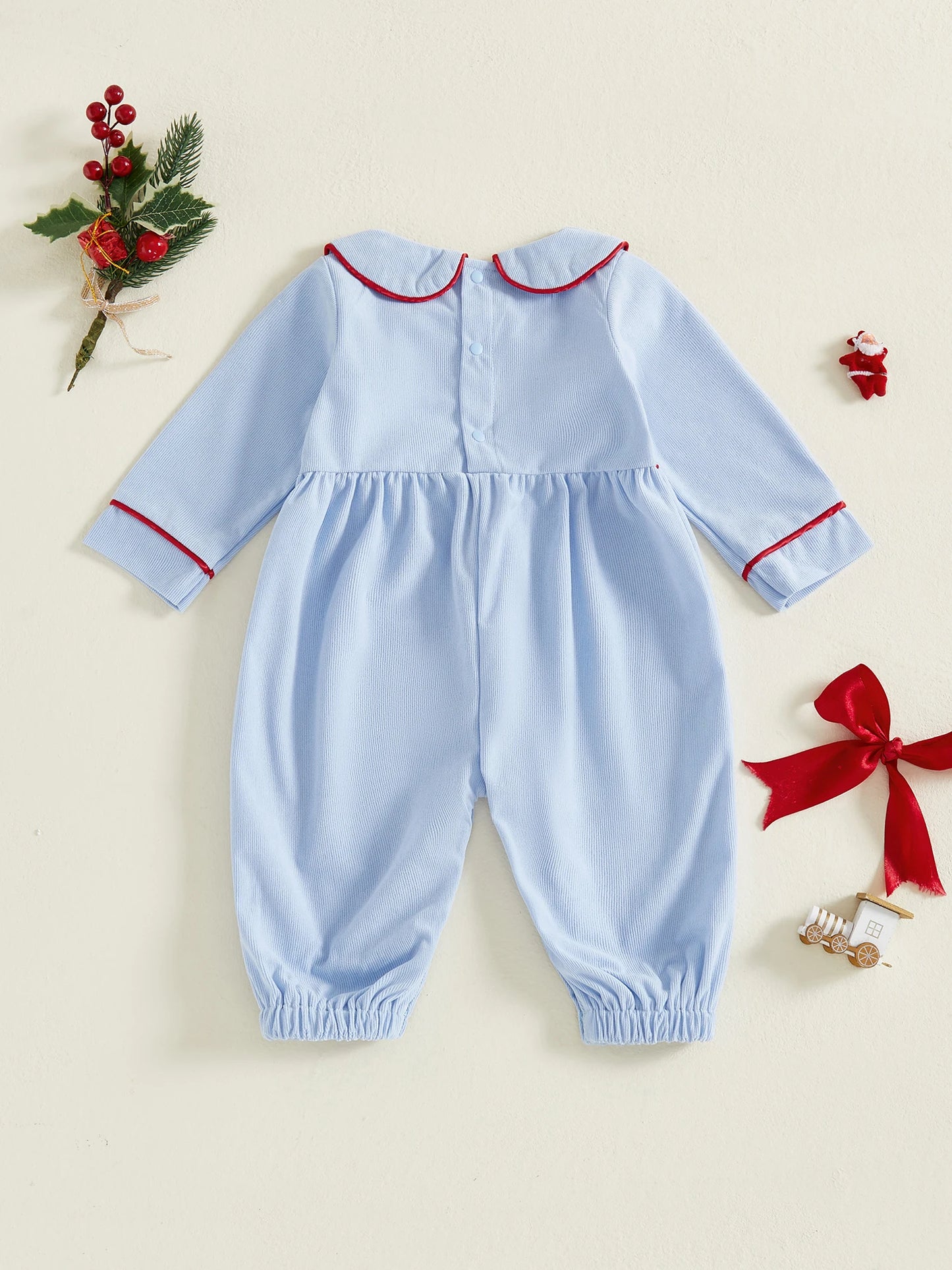 Infant Girls Winter Romper with Reindeer Embroidery and Ruffle Collar Cozy Long Sleeve  for Newborn Xmas Outfit