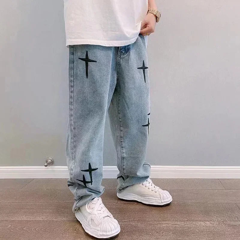 Men's Trendy Cool Style 2024 Blue Denim Pants Baggy Wide Leg Streetwear Trousers Cross Star Sticker Embroidery Design Jeans Male