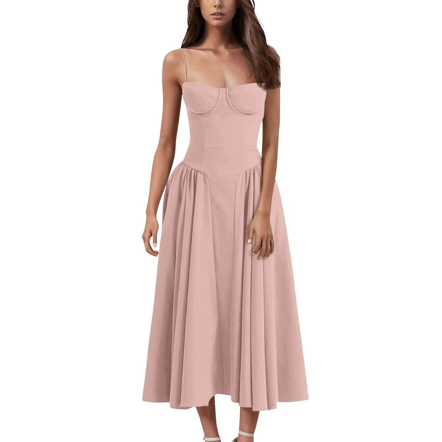 Women's Fashionable Solid Color Floral Retro Court  Dopamine Suspender Pocket Dress