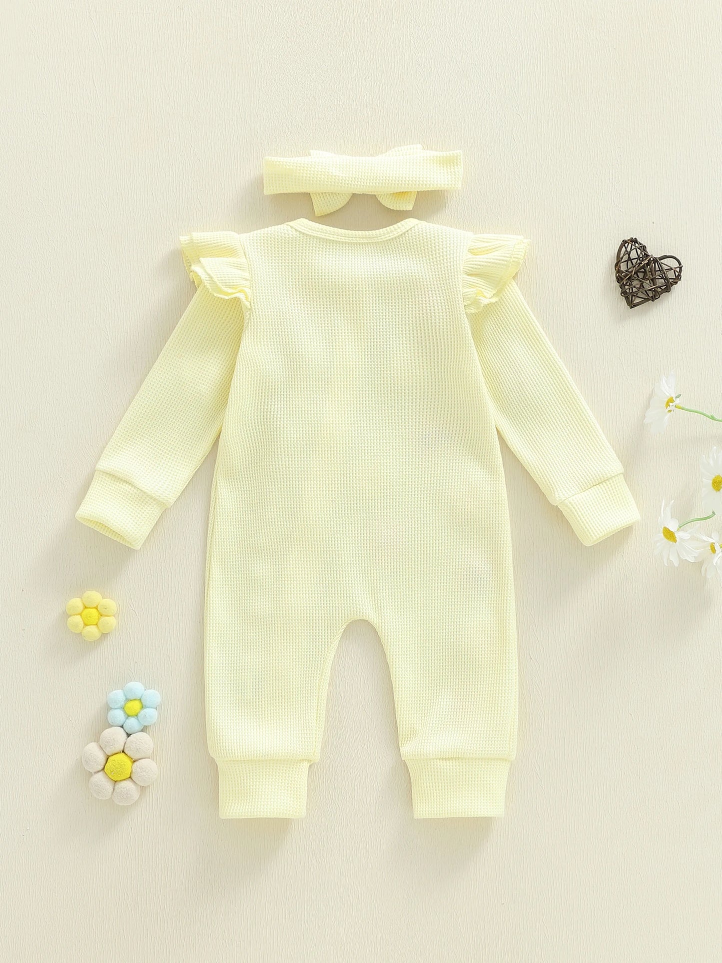 Toddler Girl 2-Piece Autumn Clothes Set Long Sleeve Round Neck Floral Print Romper with Matching Headband Outfit