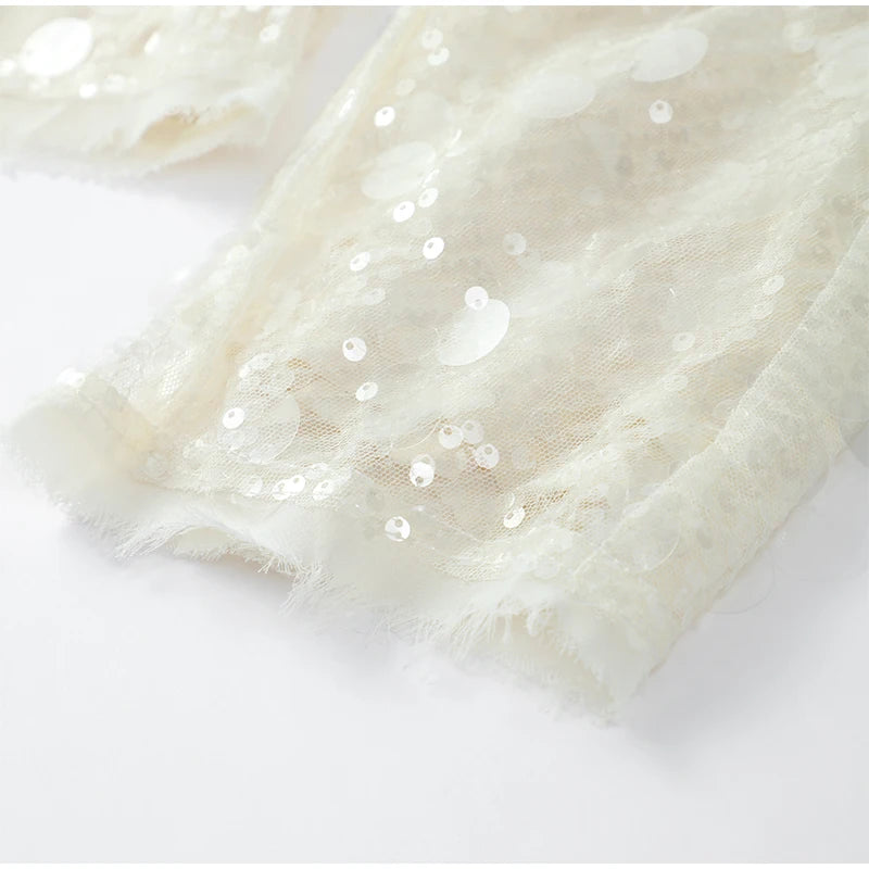 Fashion Sparkling Beaded Short Loose Jacket Elegant V Neck Long Sleeve Lace Up Cardigans 2025 Spring Female Elegant Streetwear