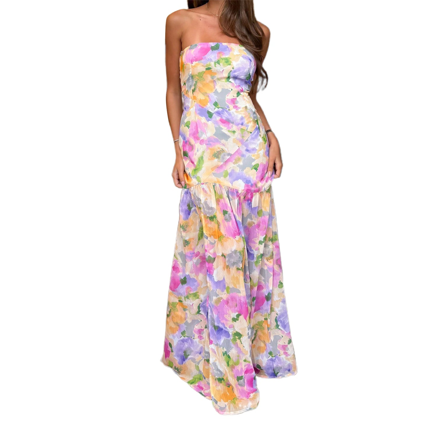 Elegant Off-Shoulder Maxi Dress with Boho Floral Print and Open Back Design for Summer Wedding Party Vacation Wear