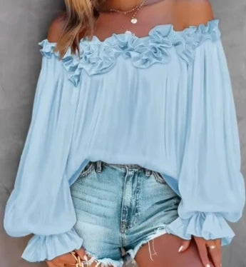 Elegant Women's Shirt 2024 Summer White Ruffle Hem Buttoned Off Shoulder Spaghetti Strap Long Sleeve Slim Fit Blouse Top
