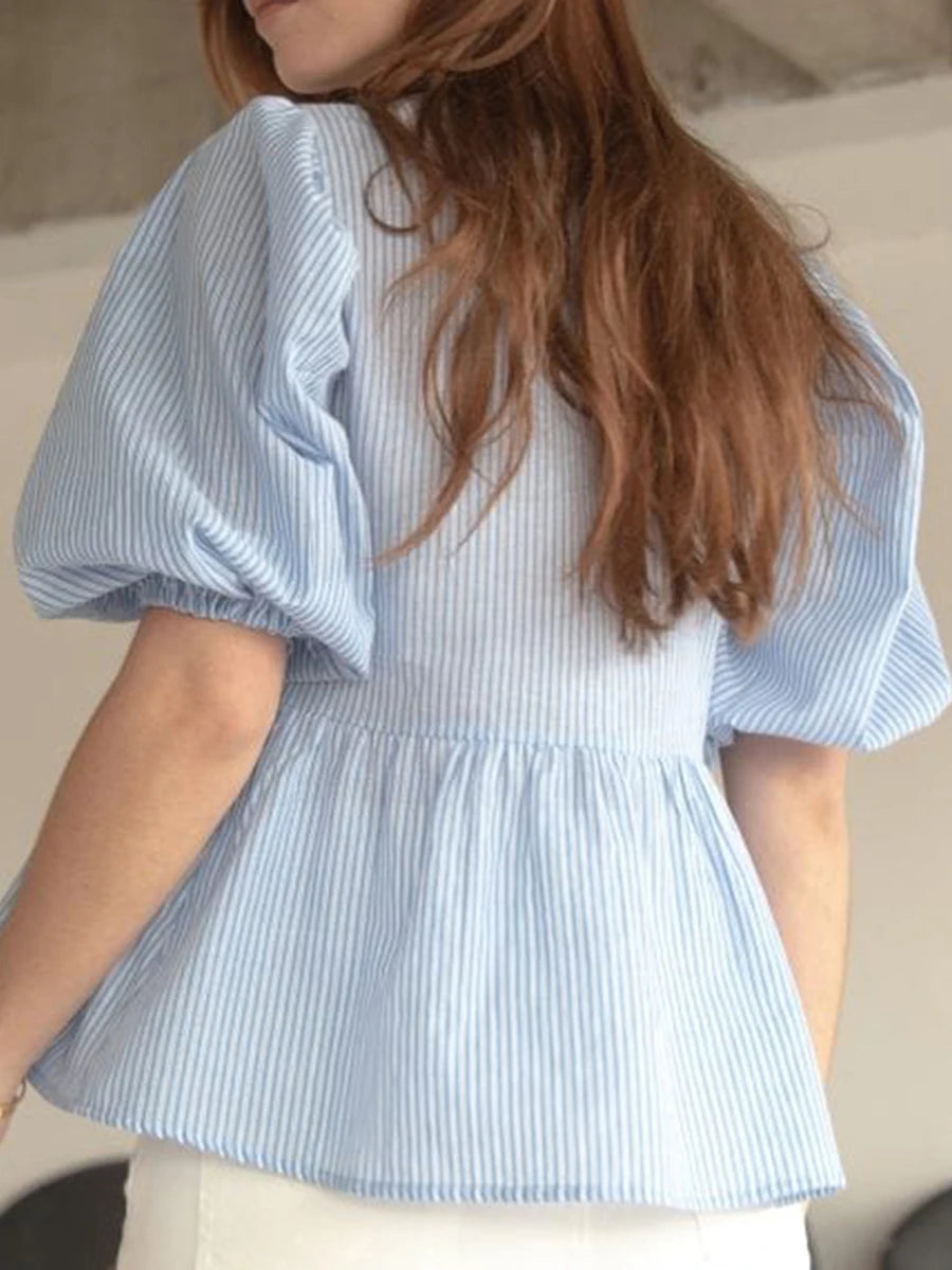 Fashion Women Y2k Peplum Shirt Puff Short Sleeve Lace Up Bow Blouse Tie Open Front Ruffle Hem Blouses Tops Streetwear