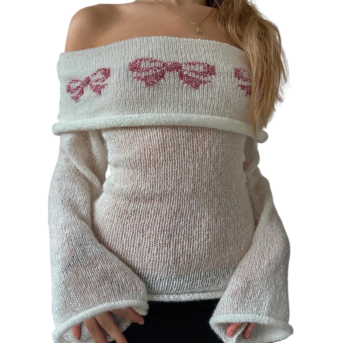Elegant Women s Boat Neck Sweater with Off Shoulder Design Long Sleeves and  Fit Knitted Top for Casual Wear