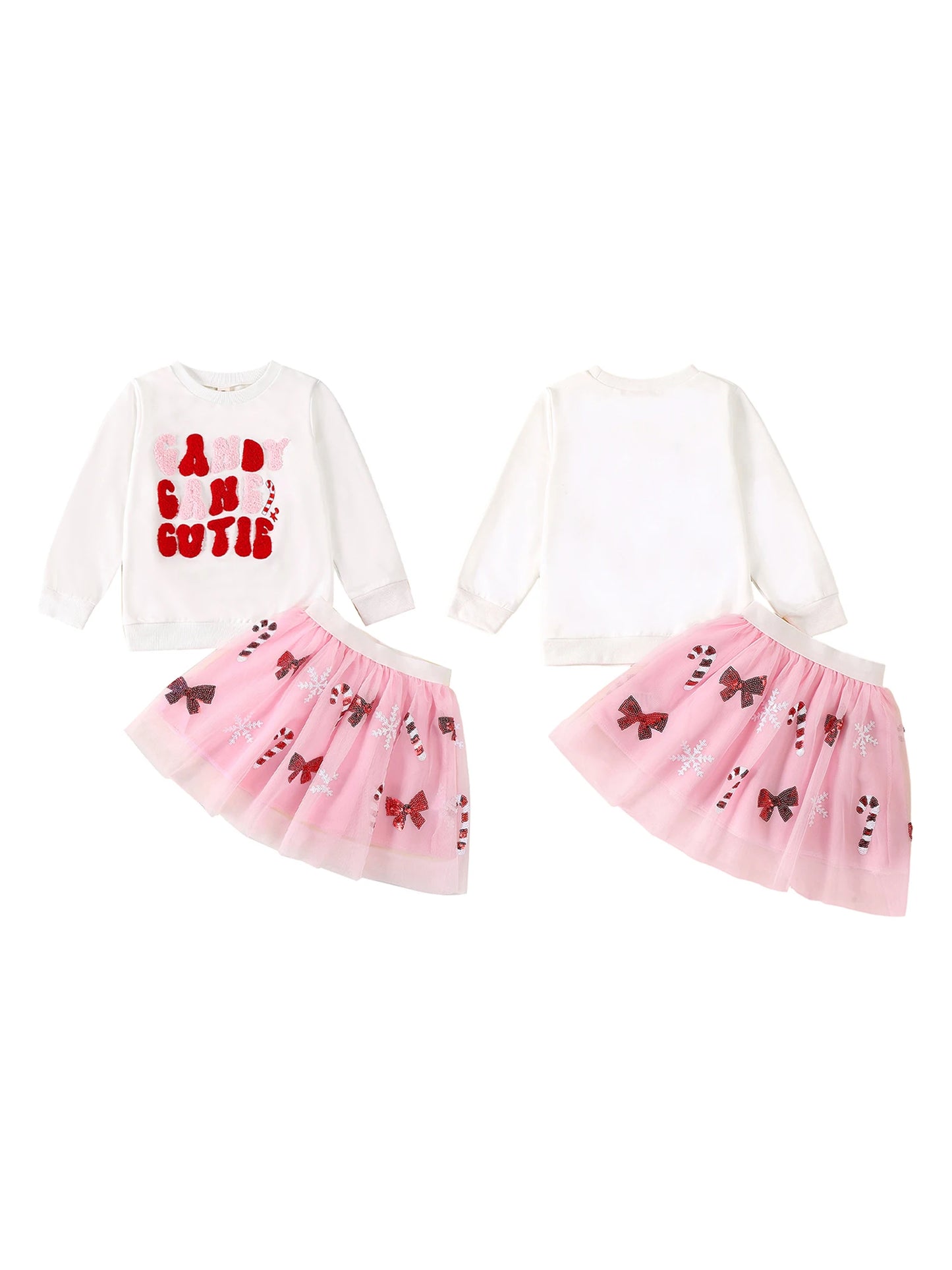 Adorable Infant Girl Outfit Long Sleeve Candy Cane Embroidery Sweatshirt with Tutu Skirt Set - Perfect for Christmas