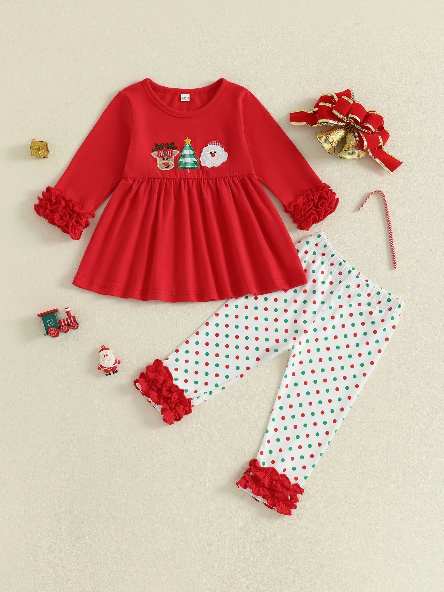 Baby Girl Winter Holiday Outfits Red Plaid Ruffle Sleeve Top Snowflake Print Leggings 2 Piece Set with Bow Detail