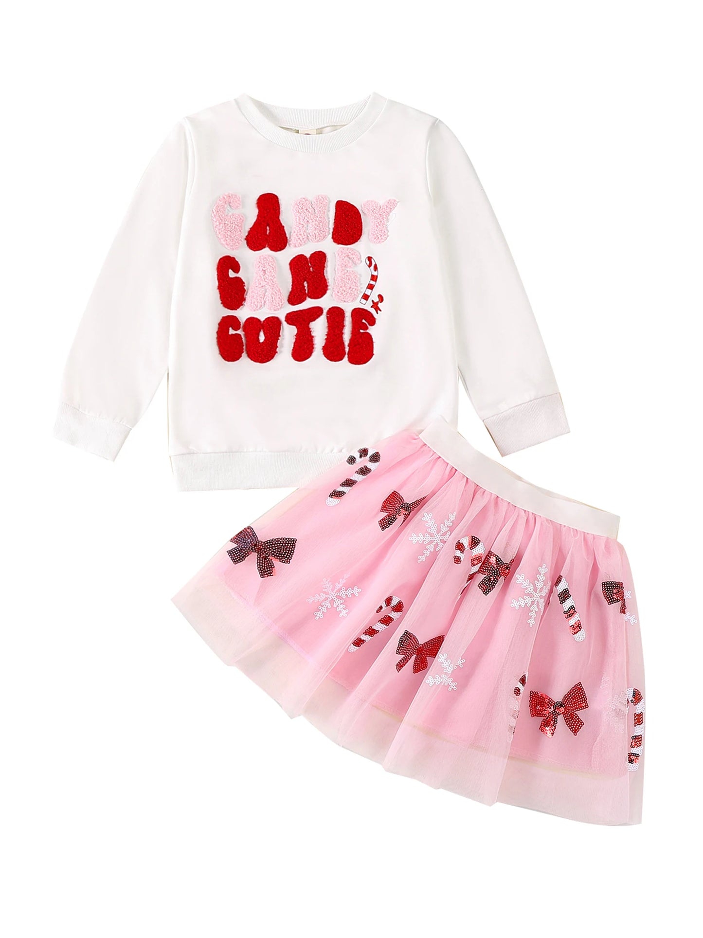 Adorable Infant Girl Outfit Long Sleeve Candy Cane Embroidery Sweatshirt with Tutu Skirt Set - Perfect for Christmas
