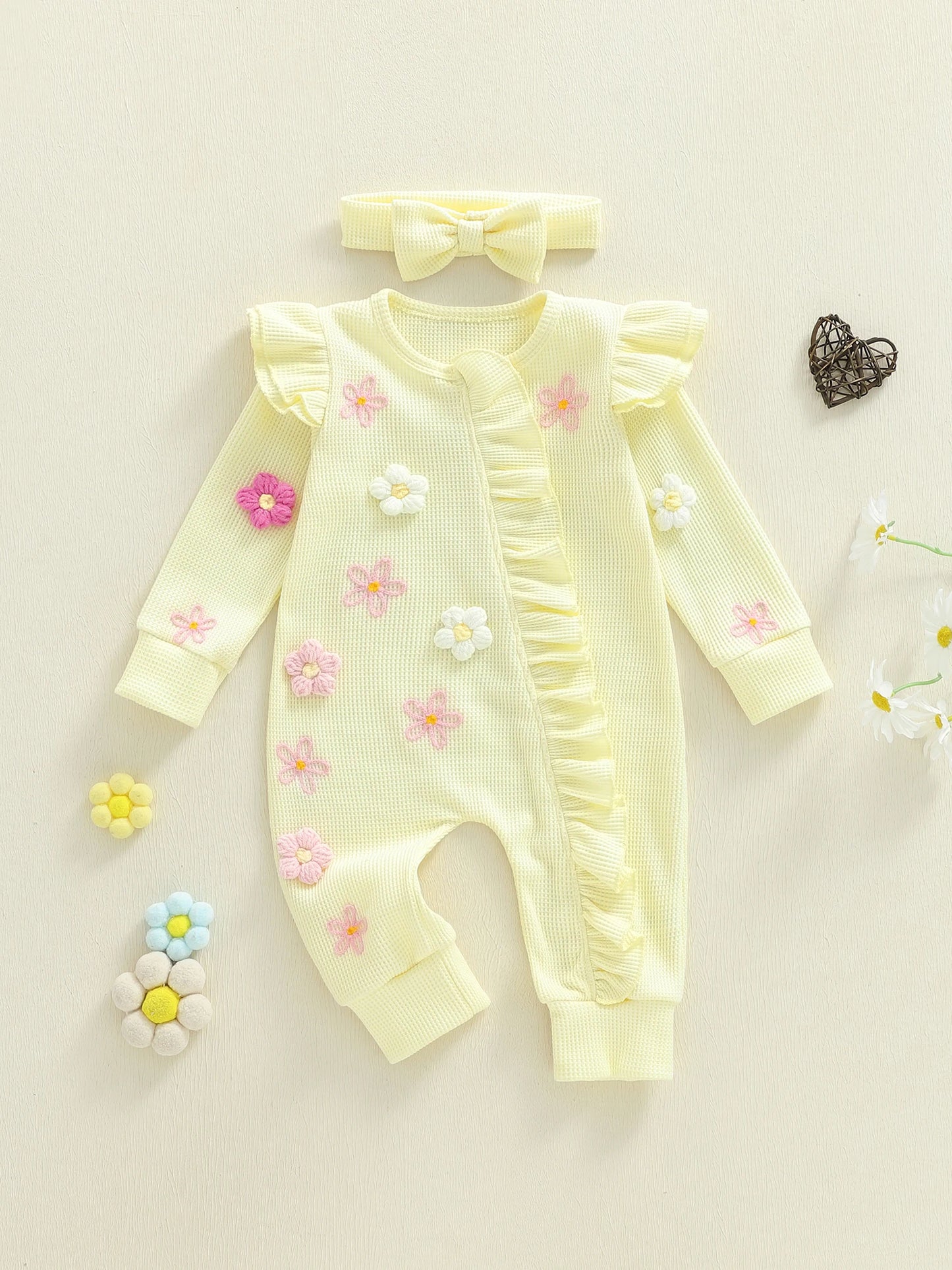 Toddler Girl 2-Piece Autumn Clothes Set Long Sleeve Round Neck Floral Print Romper with Matching Headband Outfit