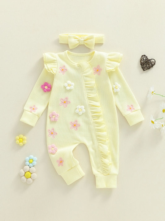 Toddler Girl 2-Piece Autumn Clothes Set Long Sleeve Round Neck Floral Print Romper with Matching Headband Outfit