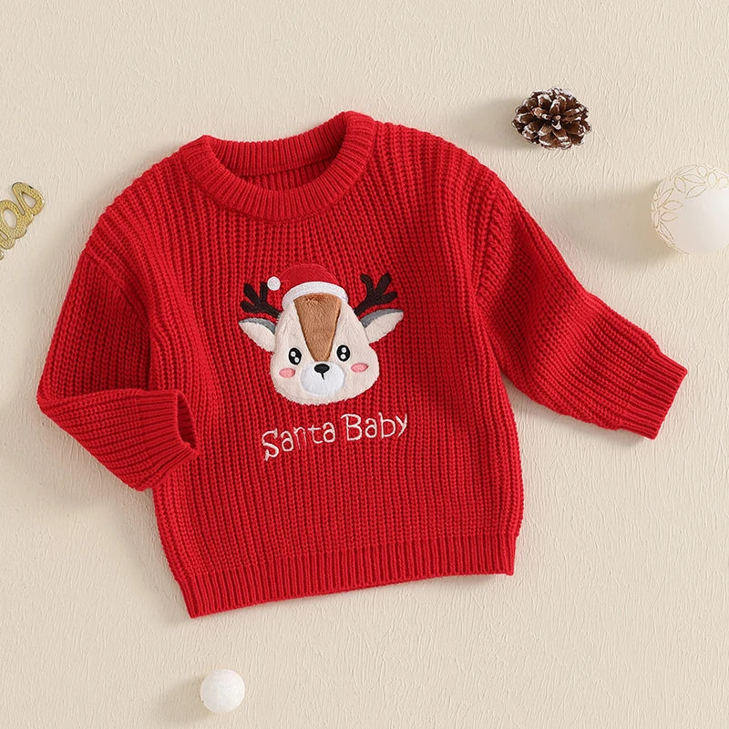 Toddler Holiday Sweater Cozy Knitted Reindeer Pattern Crew Neck Pullover Festive Christmas Jumper for Kids