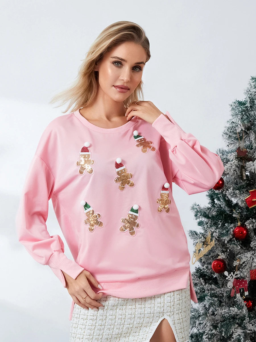 Women’s Crewneck Sweatshirt Loose Santa Claus Sequins Print Long Lantern Sleeve Tops for Christmas