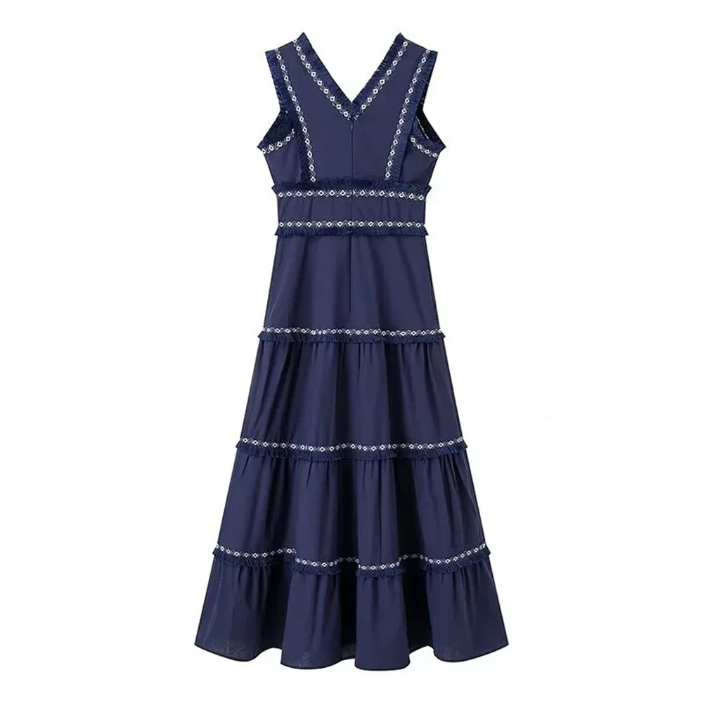 Summer New Product: Casual Women's Fashion V-neck Sleeveless Waist Collection with Tassel Decoration Dress