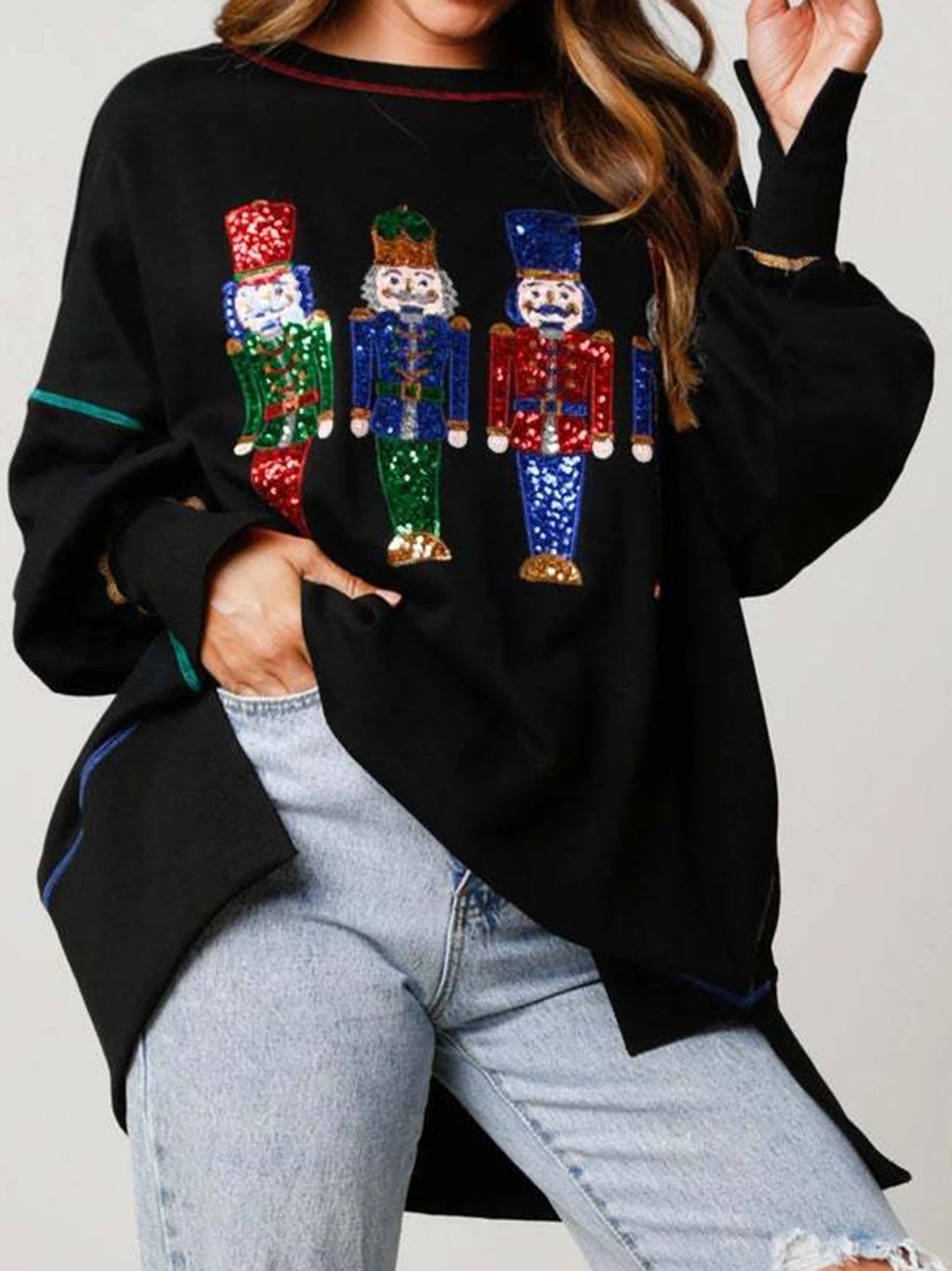 Women s Loose Sweatshirt Sequins Cartoon Person Crew Neck Long Sleeve Pullovers Fall Winter Casual Tops Shirts