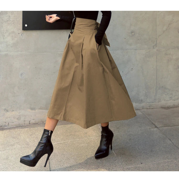 Skirts Womens Korean Fashion Solid Color Big Swing Ladies Skirt Long Skirt 2025 Autumn Wild High Waist Bow Slim Skirts