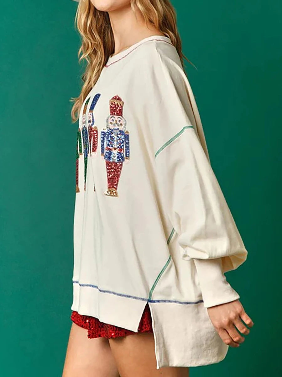 Women s Loose Sweatshirt Sequins Cartoon Person Crew Neck Long Sleeve Pullovers Fall Winter Casual Tops Shirts