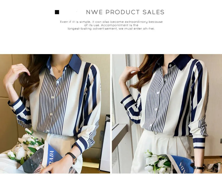 Women's Shirt Blue Striped Blouses for Women Long Sleeve Top Women Button Up Polo Neck Clothes Female 2023 Fashion Leisure Shirt